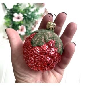 Vintage Bumpy Glass Berry Ornament Mica Glittered Leaf West Germany DARK PINK